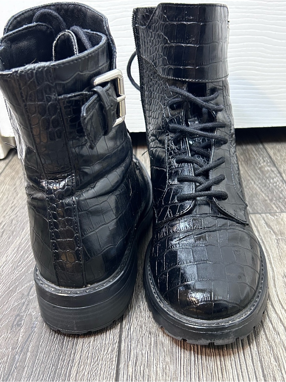 Black Croc Embossed Combat Boots Buckle Lace Up Ankle Boots Size 10 - Picture 11 of 12